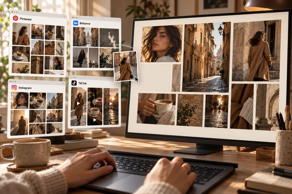 Видеограф собирает референсы из Pinterest, Behance, Instagram и TikTok в один мудборд на мониторе